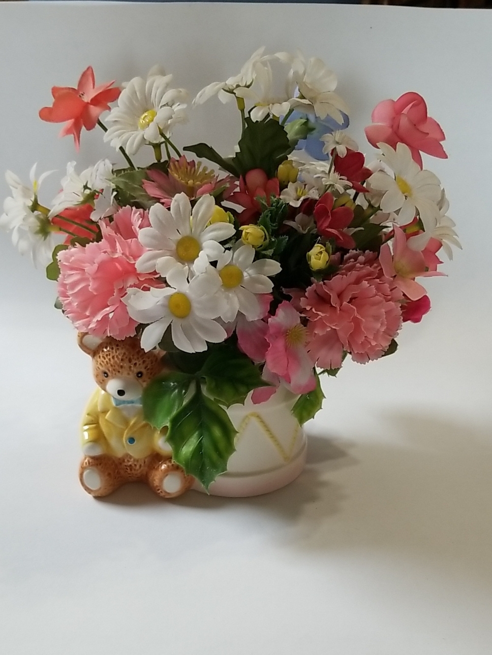 Vintage Ceramic Bear With Drum Faux Flower Planter Baby Nursery Decor.